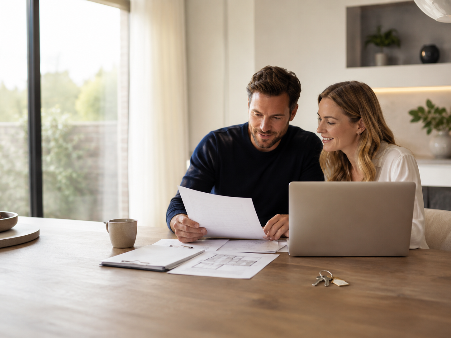 Homeowners reviewing paperwork with keys on the table