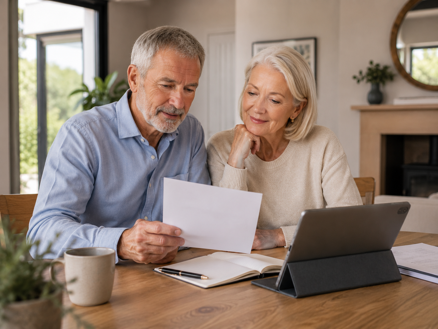 An older couple reviewing their will together at home
